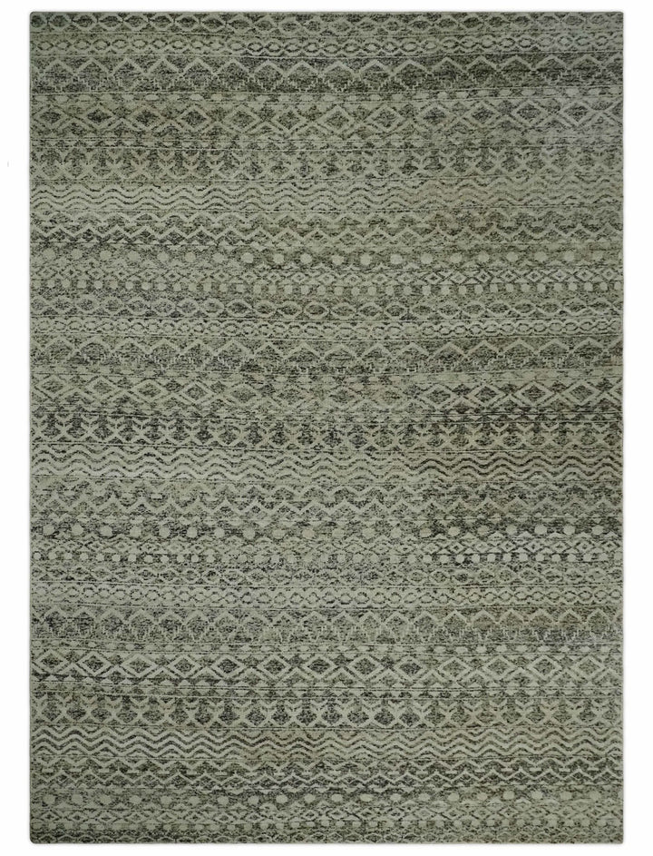 10x14 Hand Knotted Ivory, Black and Olive Modern Contemporary Southwestern Tribal Trellis Recycled Silk Area Rug | OP50 - The Rug Decor