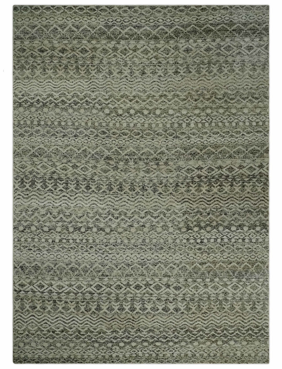 10x14 Hand Knotted Ivory, Black and Olive Modern Contemporary Southwestern Tribal Trellis Recycled Silk Area Rug | OP50 - The Rug Decor