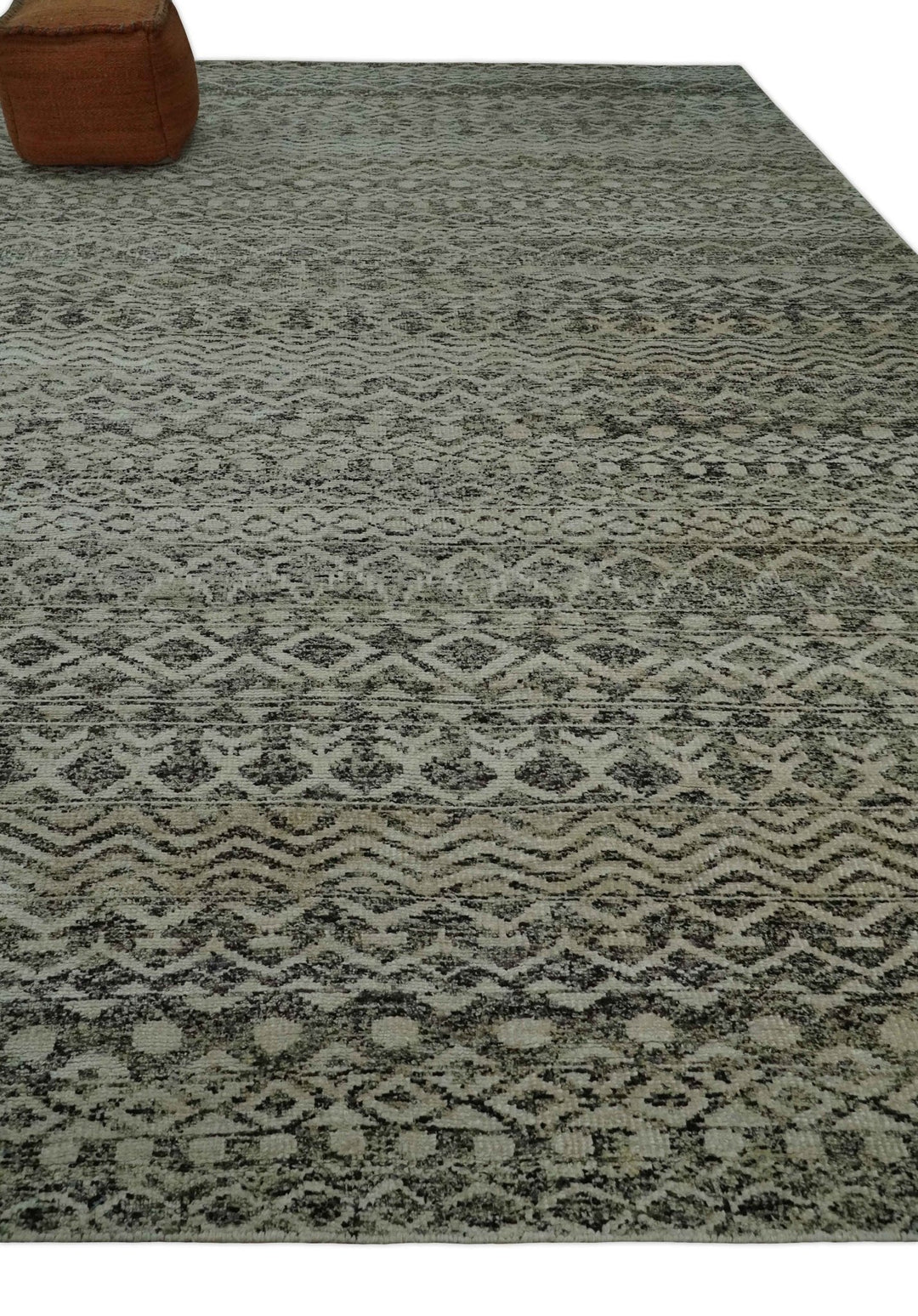 10x14 Hand Knotted Ivory, Black and Olive Modern Contemporary Southwestern Tribal Trellis Recycled Silk Area Rug | OP50 - The Rug Decor