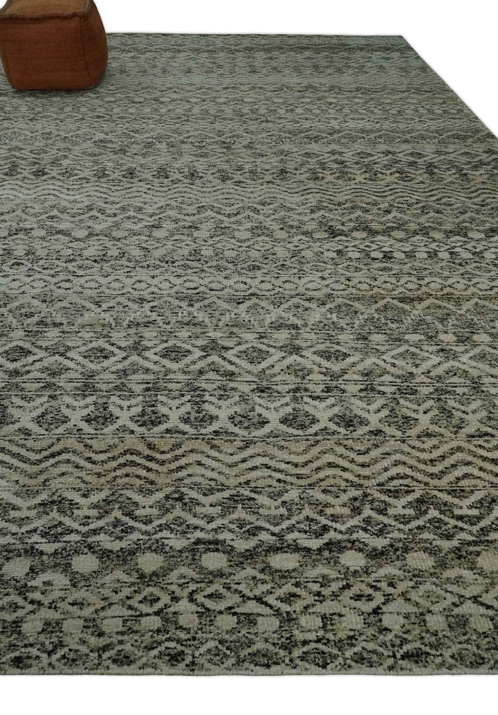 10x14 Hand Knotted Ivory, Black and Olive Modern Contemporary Southwestern Tribal Trellis Recycled Silk Area Rug | OP50 - The Rug Decor