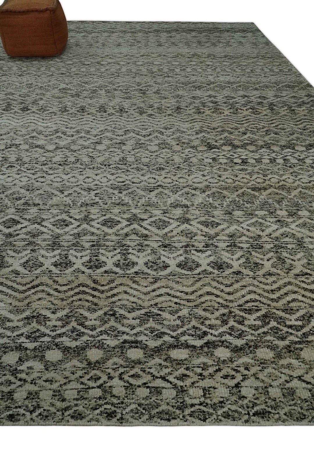 Wool 2024 / Silk Cream Rug 2X3 Modern Hand Knotted Scandinavian Grass Trellis Small One of a Kind