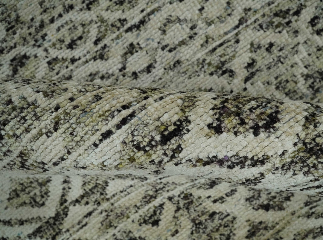 10x14 Hand Knotted Ivory, Black and Olive Modern Contemporary Southwestern Tribal Trellis Recycled Silk Area Rug | OP50 - The Rug Decor