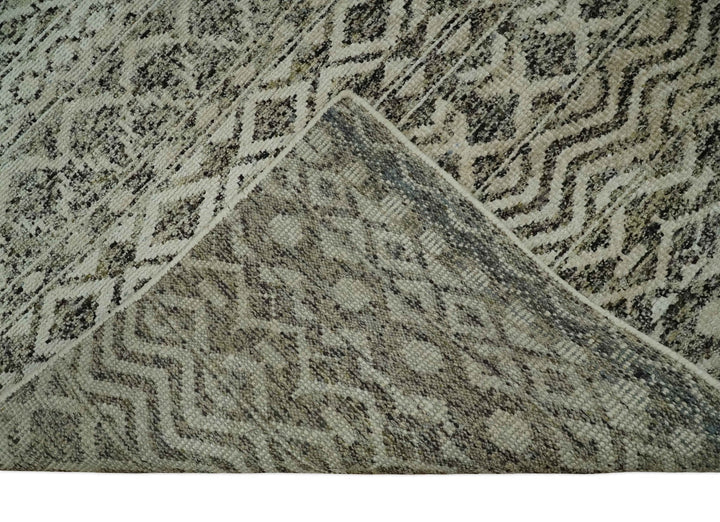 10x14 Hand Knotted Ivory, Black and Olive Modern Contemporary Southwestern Tribal Trellis Recycled Silk Area Rug | OP50 - The Rug Decor