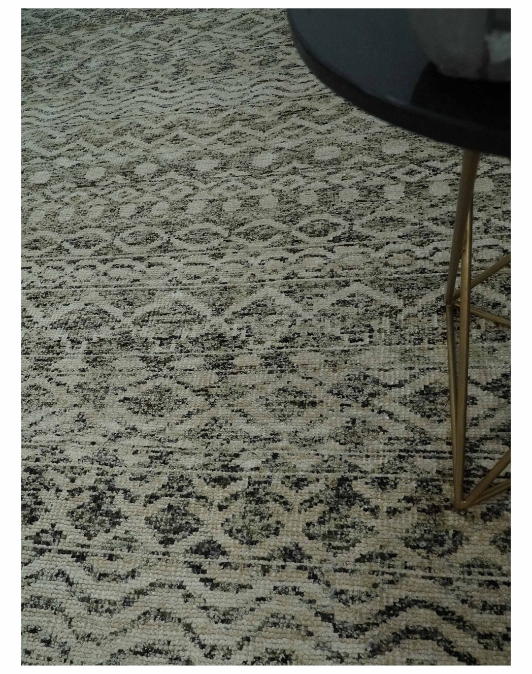 10x14 Hand Knotted Ivory, Black and Olive Modern Contemporary Southwestern Tribal Trellis Recycled Silk Area Rug | OP50 - The Rug Decor