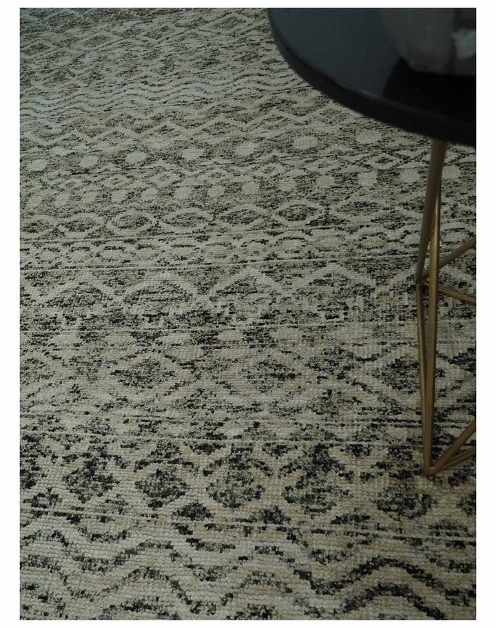 10x14 Hand Knotted Ivory, Black and Olive Modern Contemporary Southwestern Tribal Trellis Recycled Silk Area Rug | OP50 - The Rug Decor