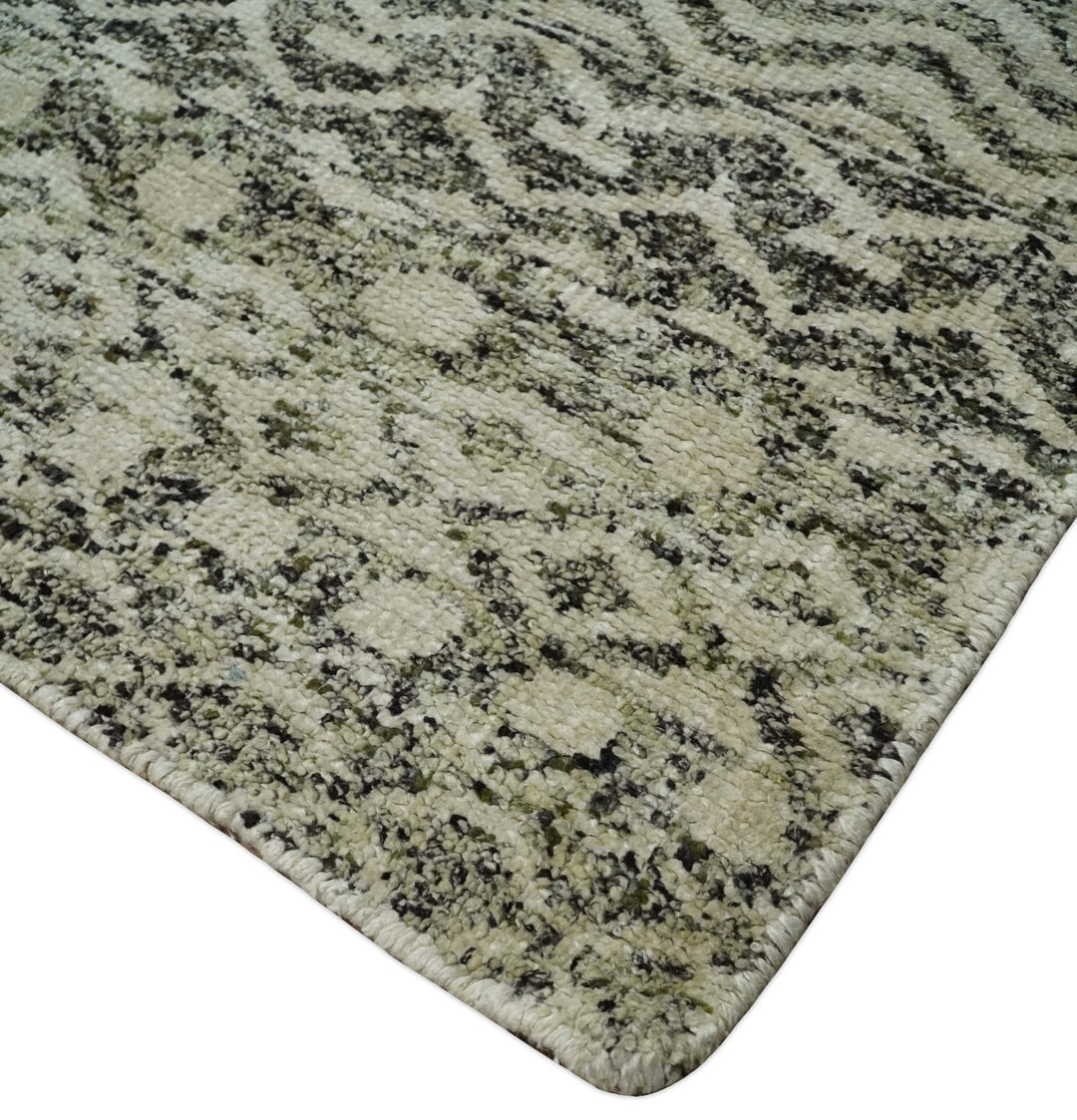 10x14 Hand Knotted Ivory, Black and Olive Modern Contemporary Southwestern Tribal Trellis Recycled Silk Area Rug | OP50 - The Rug Decor