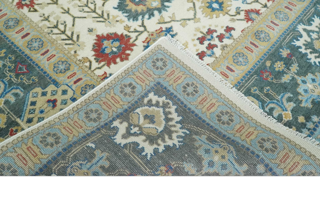 10x14 Hand Knotted Ivory, Camel and Teal Persian Oushak Wool Area Rug | TRDCP8941014 - The Rug Decor