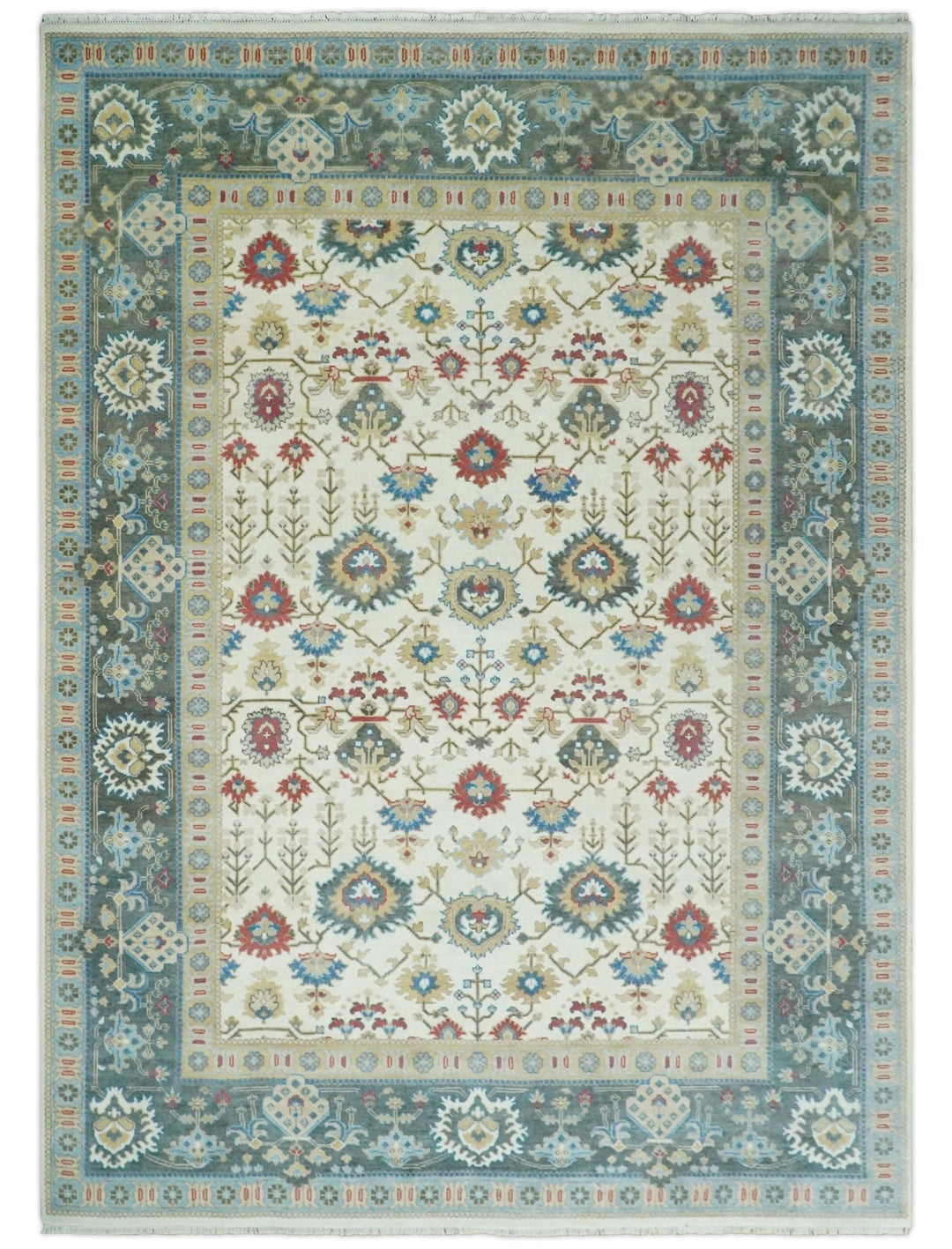 10x14 Hand Knotted Ivory, Camel and Teal Persian Oushak Wool Area Rug | TRDCP8941014 - The Rug Decor