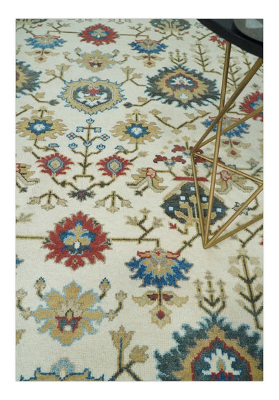 10x14 Hand Knotted Ivory, Camel and Teal Persian Oushak Wool Area Rug | TRDCP8941014 - The Rug Decor