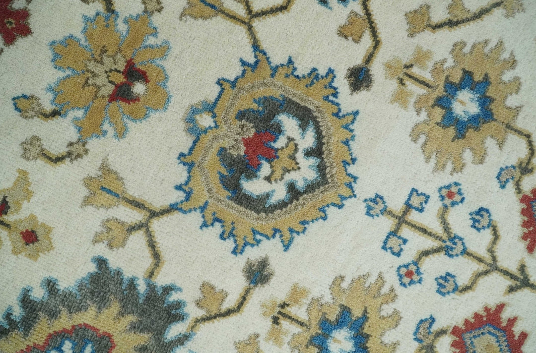 10x14 Hand Knotted Ivory, Camel and Teal Persian Oushak Wool Area Rug | TRDCP8941014 - The Rug Decor