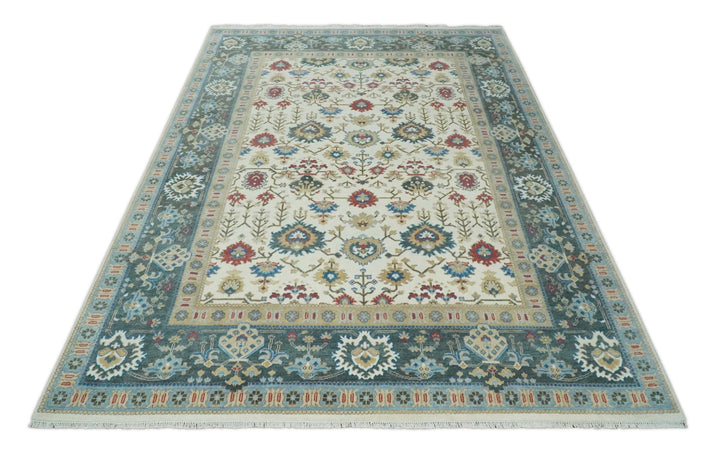 10x14 Hand Knotted Ivory, Camel and Teal Persian Oushak Wool Area Rug | TRDCP8941014 - The Rug Decor