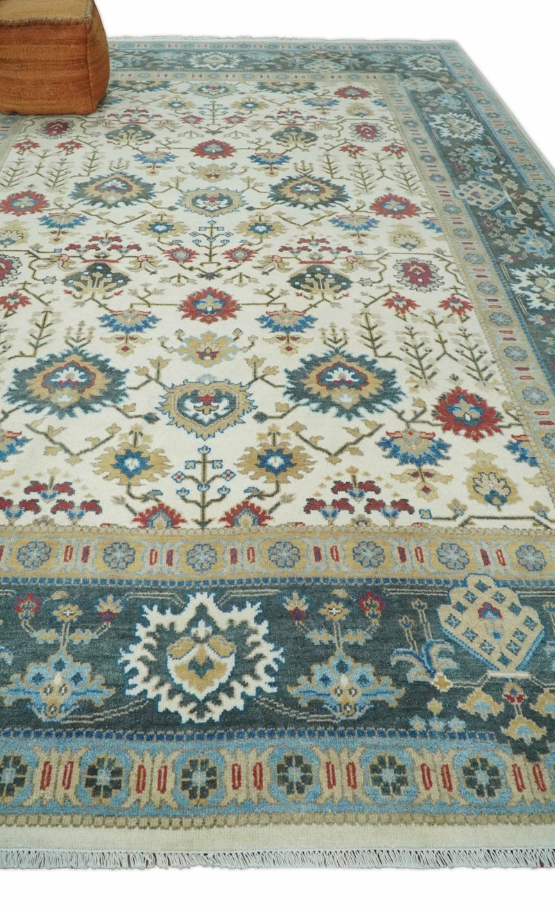 10x14 Hand Knotted Ivory, Camel and Teal Persian Oushak Wool Area Rug | TRDCP8941014 - The Rug Decor