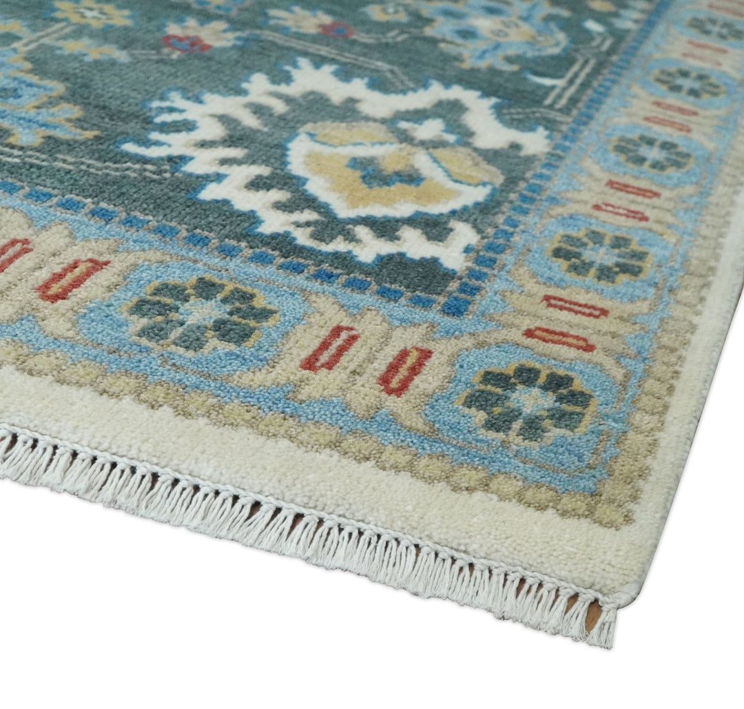 10x14 Hand Knotted Ivory, Camel and Teal Persian Oushak Wool Area Rug | TRDCP8941014 - The Rug Decor