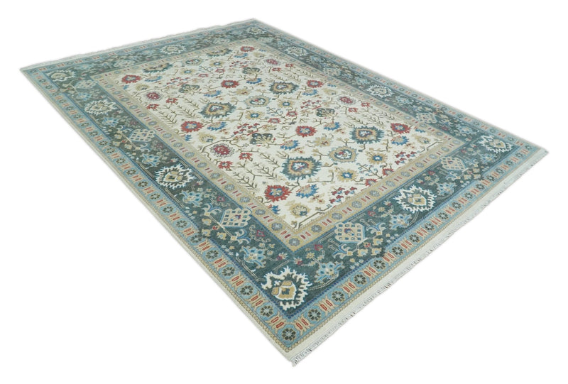 10x14 Hand Knotted Ivory, Camel and Teal Persian Oushak Wool Area Rug | TRDCP8941014 - The Rug Decor