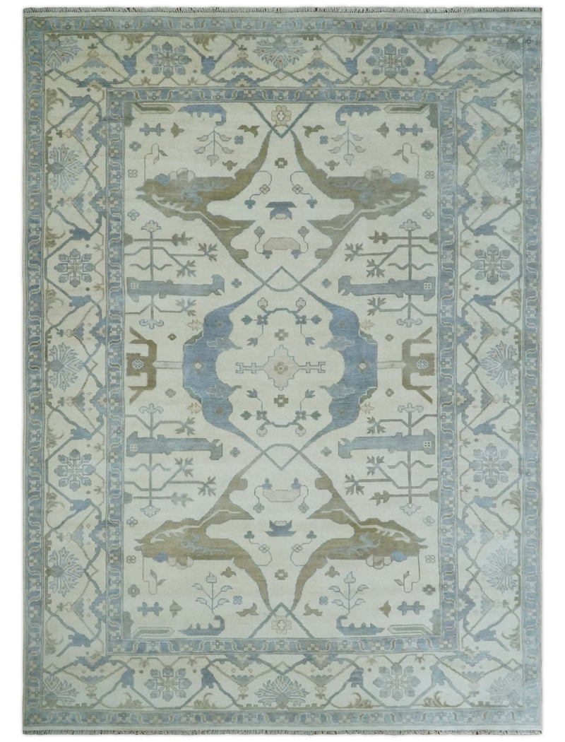 10x14 Ivory, Charcoal and Olive Hand knotted Traditional Oriental Oushak Wool Area Rug - The Rug Decor