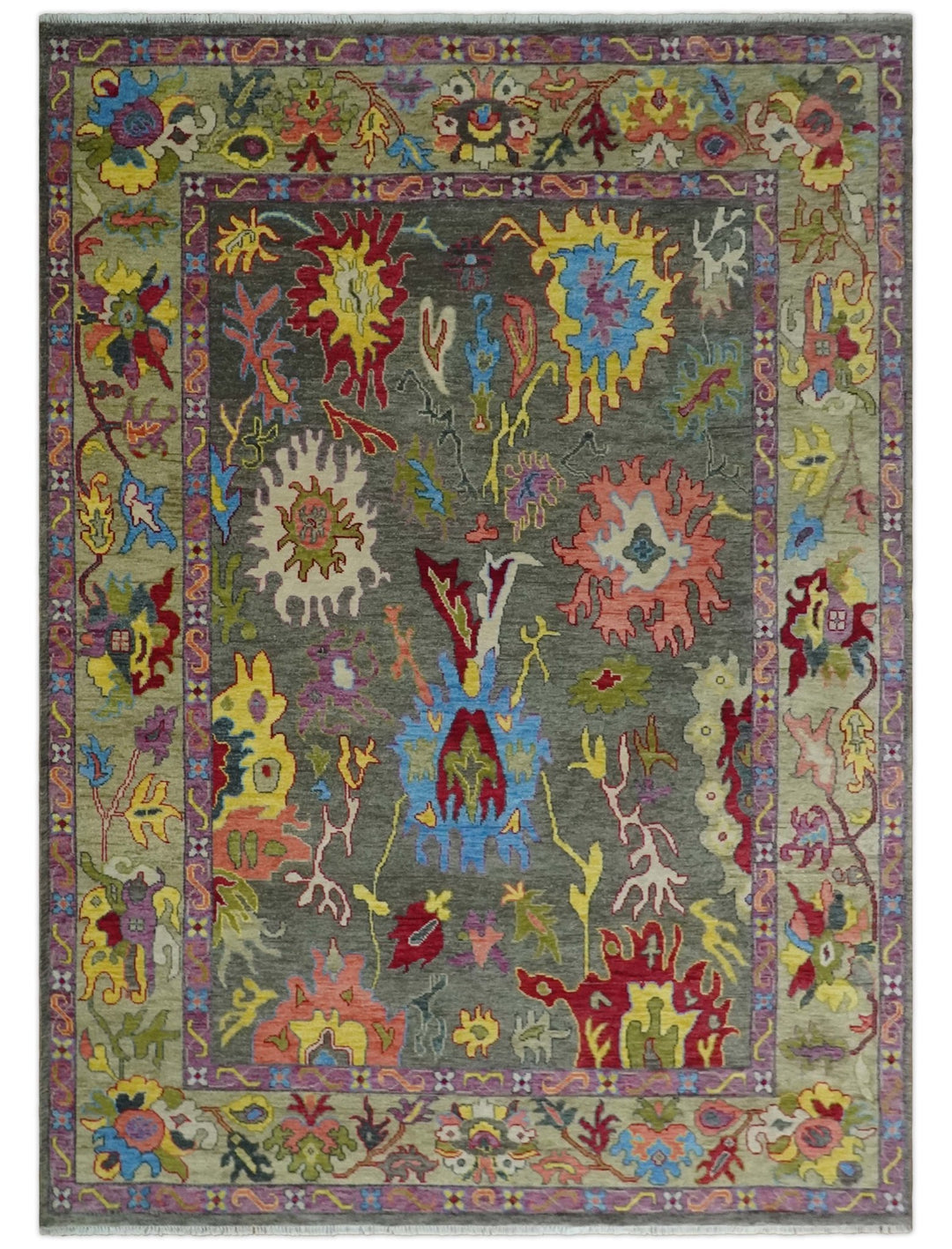 10x14 Wool Traditional Persian Gray and Olive Vibrant Colorful Hand knotted Oushak Area Rug | TRDCP10501014S - The Rug Decor