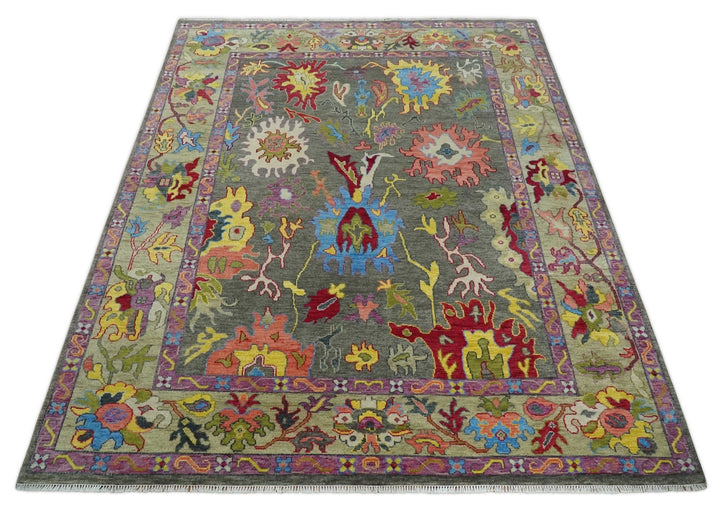 10x14 Wool Traditional Persian Gray and Olive Vibrant Colorful Hand knotted Oushak Area Rug | TRDCP10501014S - The Rug Decor