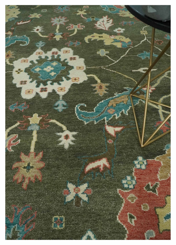 10x14 Wool Traditional Persian Olive and Ivory Vibrant Colorful Hand knotted Oushak Area Rug | TRDCP10621014 - The Rug Decor
