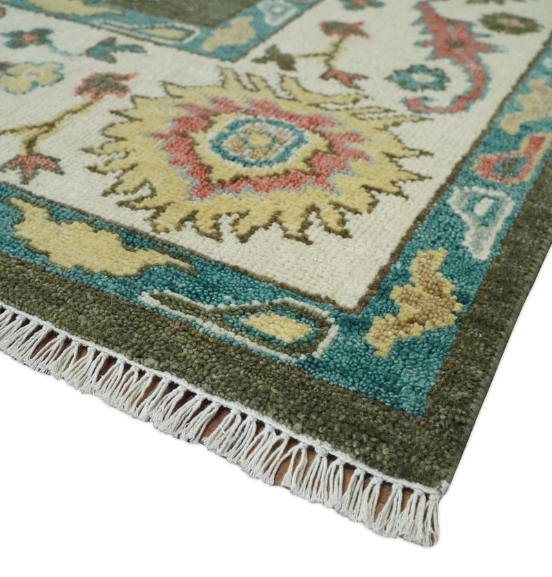 10x14 Wool Traditional Persian Olive and Ivory Vibrant Colorful Hand knotted Oushak Area Rug | TRDCP10621014 - The Rug Decor