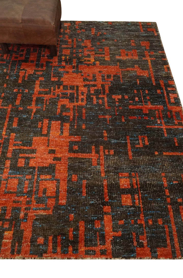 Hand Knotted 4x6 Rust and Charcoal Modern Abstract Contemporary Recycled Silk Area Rug | OP62