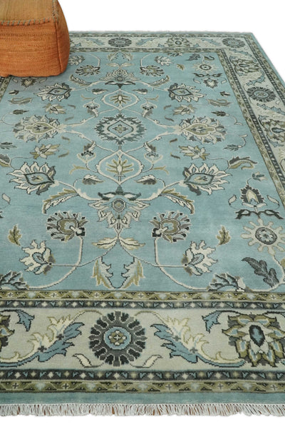 8x10 and 9x12 Antique Hand Knotted Blue and Ivory Traditional Vintage Persian Oushak Wool Rug | TRDCP998912