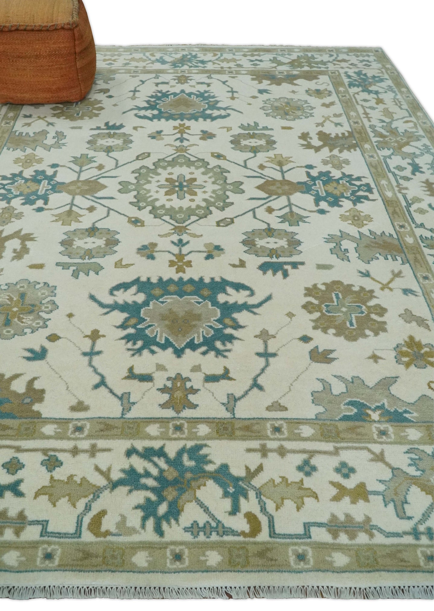 Hand Knotted Ivory, Beige and Teal Antique look Traditional Oushak Multi Size Wool Area Rug