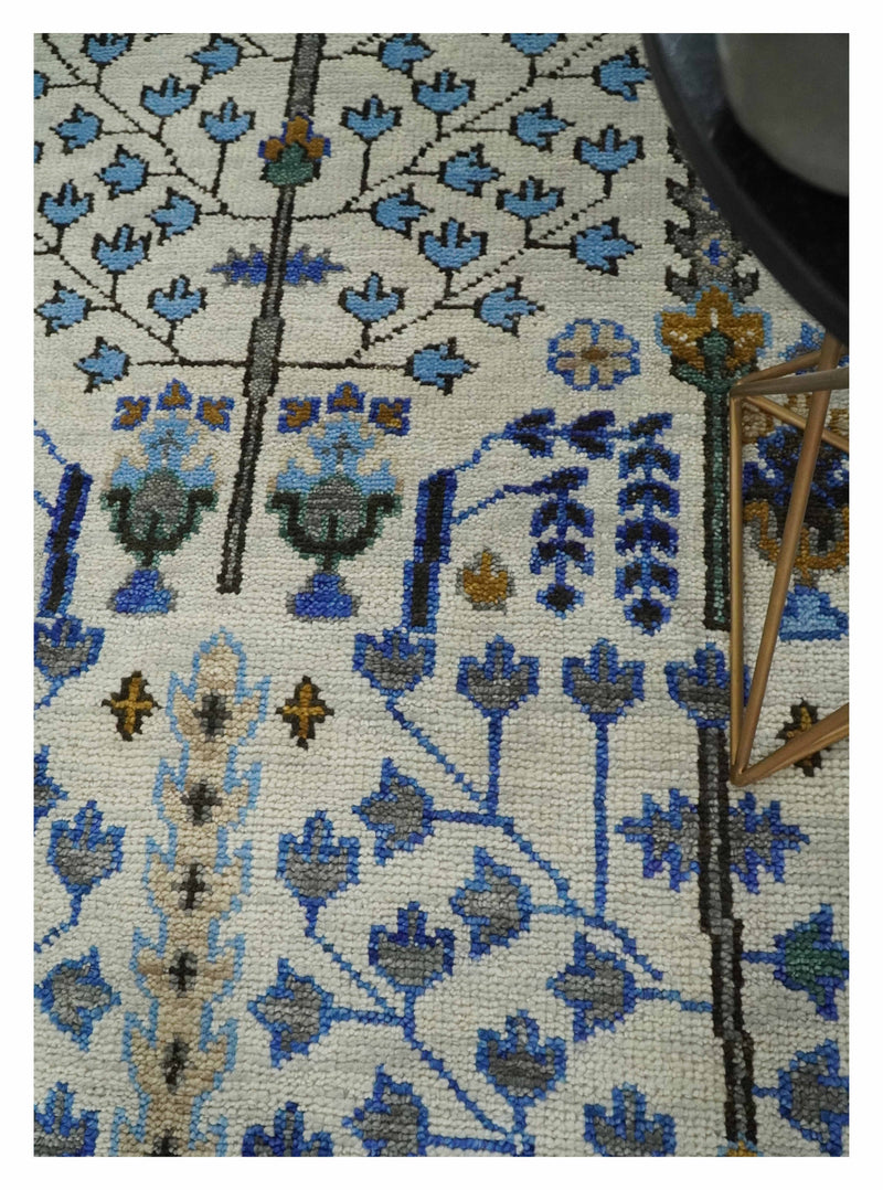 Custom Made Tree of life Hand Knotted Antique Ivory, Blue and Gray Traditional Oushak Wool area Rug