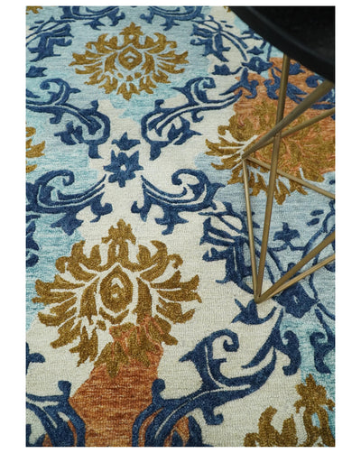 Hand Tufted Blue and Gold Modern Damask traditional Wool Area Rug