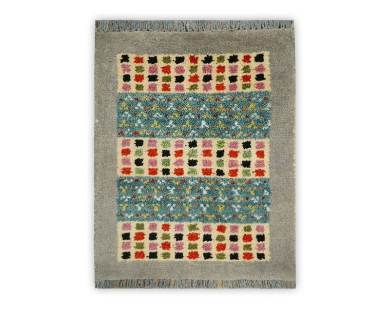 1.5x2 Blue, Beige and Brown Wool Hand Knotted traditional Vintage Antique Southwestern Gabbeh Rug| TRDCP555152 - The Rug Decor
