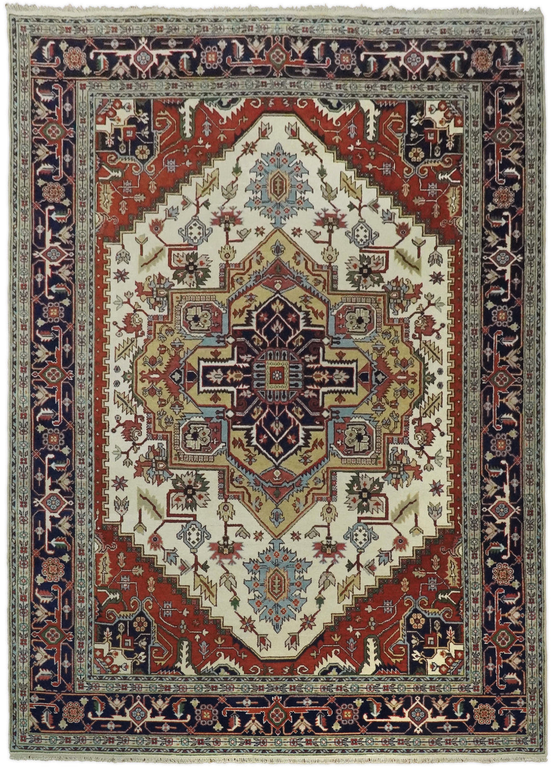 8x8, 8x10, 9x12,10x14 and 12x15 Hand Knotted Ivory and Blue Traditional Heriz Serapi Antique Wool Rug | TRDCP76