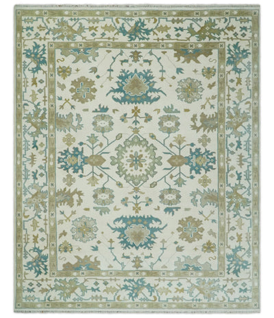 Hand Knotted Ivory, Beige and Teal Antique look Traditional Oushak Multi Size Wool Area Rug