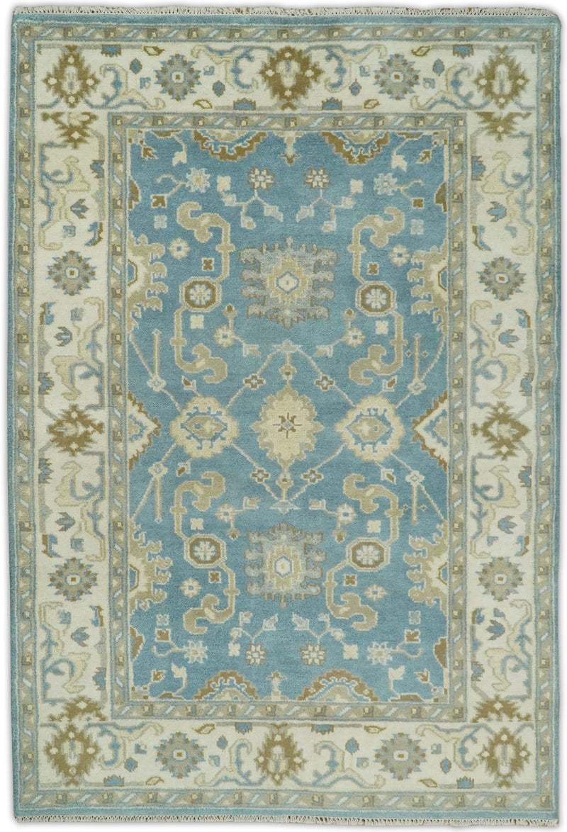 Hand Knotted 6x9  Oushak Light Blue and Beige Wool Area Rug | TRDCP1069