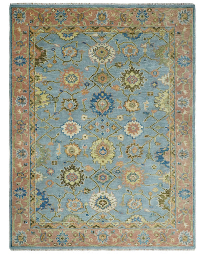 Ready to Ship Hand Knotted Blue and Rust Modern Oushak Area Rug
