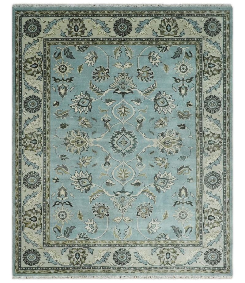 8x10 and 9x12 Antique Hand Knotted Blue and Ivory Traditional Vintage Persian Oushak Wool Rug | TRDCP998912