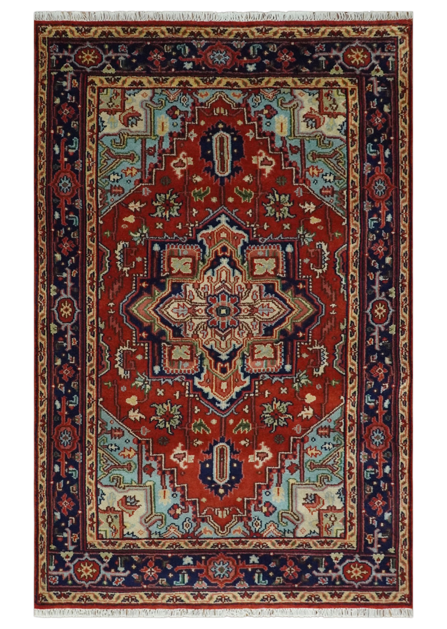 Hand knotted Brown, Aqua and Blue Traditional Heriz Serapi wool area rug