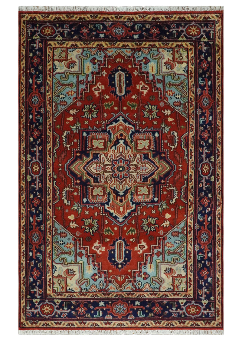 Hand knotted Brown, Aqua and Blue Traditional Heriz Serapi wool area rug