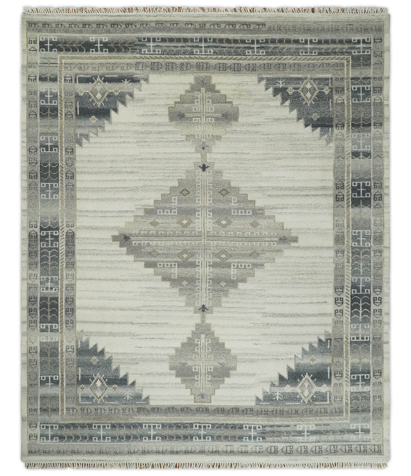 Natural Wool Hand Knotted Ivory and Gray Traditional Multi size wool Area Rug, Kids, Living Room and Bedroom Rug