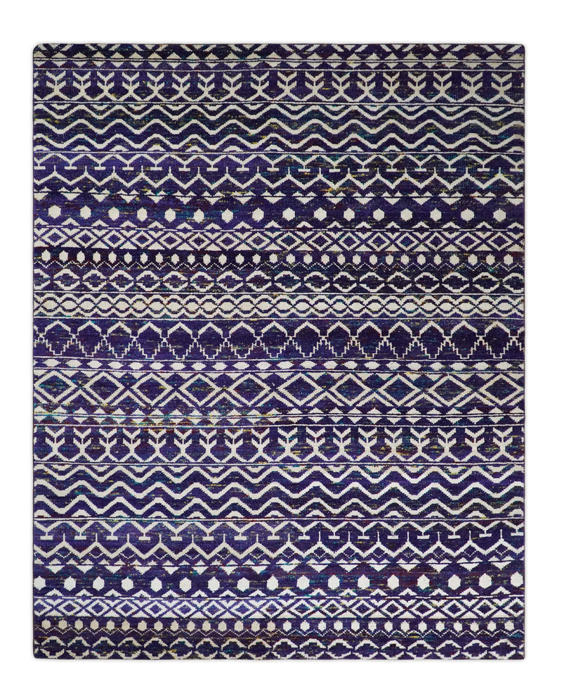 4x6 and 8x10 Hand Knotted Blue and White Modern Contemporary Southwestern Tribal Trellis Recycled Silk Area Rug | OP6