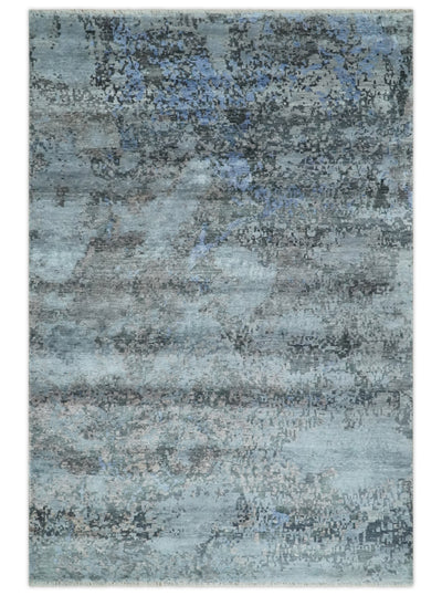 5x8 and 6x9 Silver, Charcoal and Blue Modern Abstract Handmade Wool Area Rug