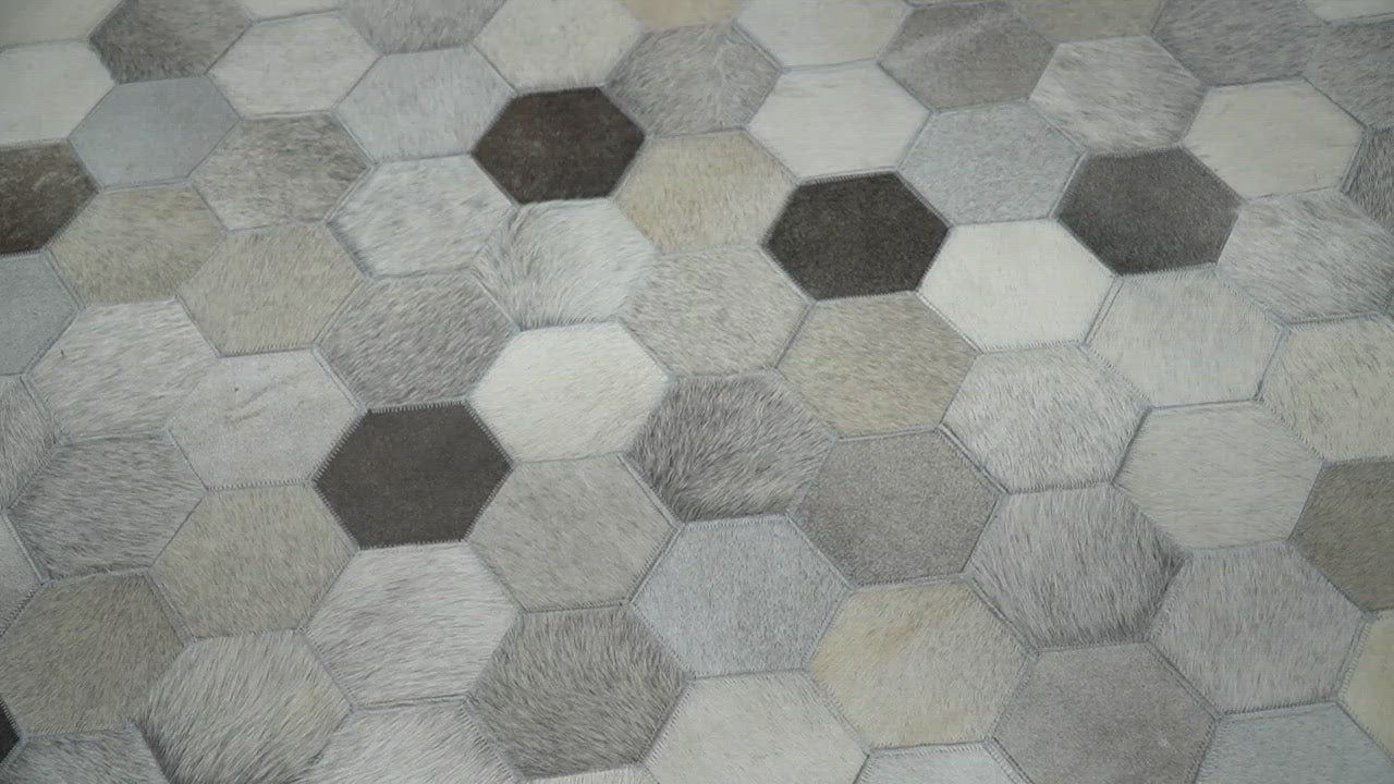 Cowhide Leather Patchwork Silver and Ivory Leather Modern Geometric Custom Made Rug