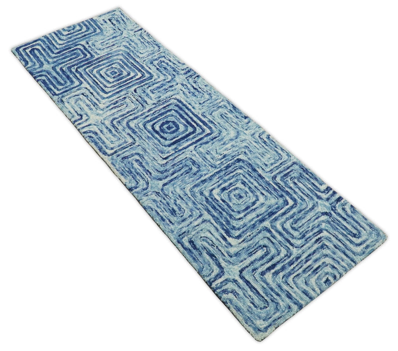 2.4x7 Runner Hand Tufted Blue and White Modern Geometric Wool Area Rug | TRDMA8 - The Rug Decor