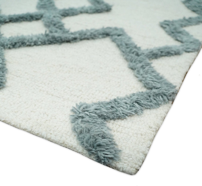 2.4x8 Runner Hand Tufted Blue and White Modern Geometric Trellis Wool Area Rug | TRDMA11 - The Rug Decor