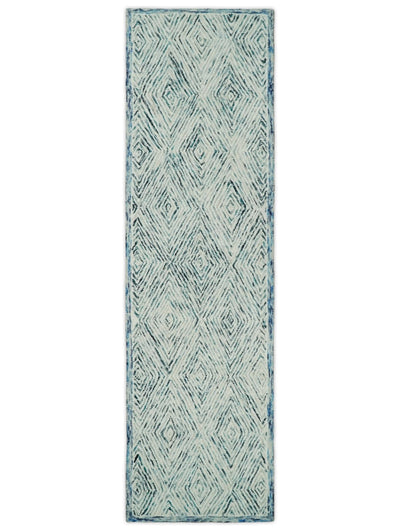 2.4x9 Runner Hand Tufted Blue and White Modern Geometric Wool Area Rug | TRDMA7 - The Rug Decor