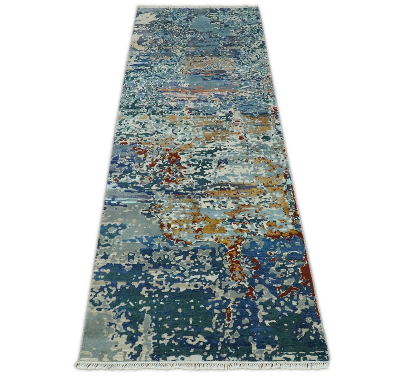 2.6x10 Fine Hand Knotted Blue Modern Abstract Wool and Silk Runner Area Rug | AGR12 - The Rug Decor