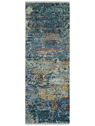 2.6x10 Fine Hand Knotted Blue Modern Abstract Wool and Silk Runner Area Rug | AGR12 - The Rug Decor