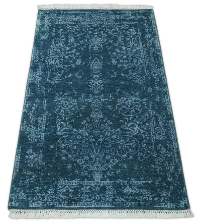 2.6x4 Fine Hand Knotted Silver and Blue Traditional Vintage Persian Style Antique Wool and Silk Rug | AGR29 - The Rug Decor