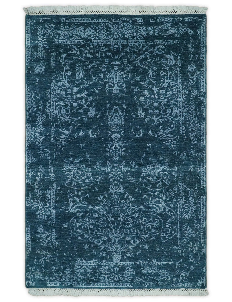 2.6x4 Fine Hand Knotted Silver and Blue Traditional Vintage Persian Style Antique Wool and Silk Rug | AGR29 - The Rug Decor
