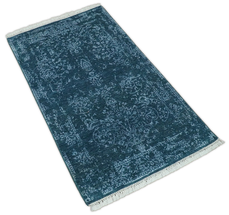 2.6x4 Fine Hand Knotted Silver and Blue Traditional Vintage Persian Style Antique Wool and Silk Rug | AGR29 - The Rug Decor