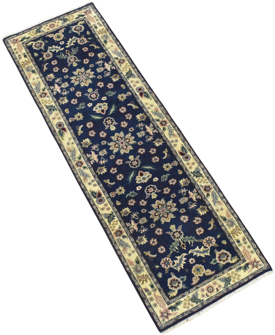 2.6x8 Blue and Beige Fine Runner Hand Knotted Area Rug | Floral Design Made with Fine Wool - The Rug Decor