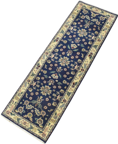 2.6x8 Blue and Beige Fine Runner Hand Knotted Area Rug | Floral Design Made with Fine Wool - The Rug Decor